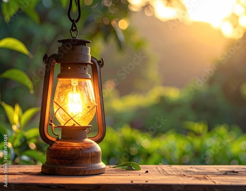 Lit lantern against verdant backdrop