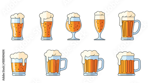 Assorted beer glassware icons including pint glasses, mugs, and goblets with rich amber color and frothy white heads.