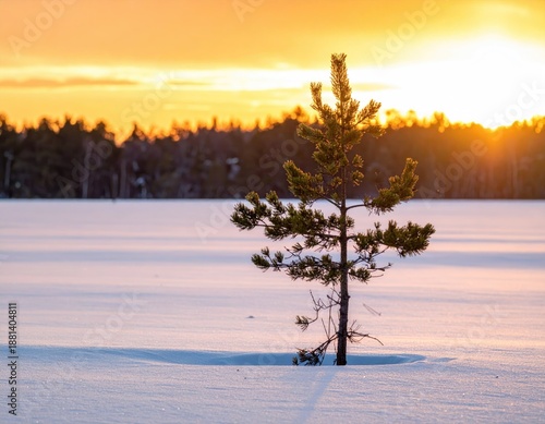 Winter sunset over snowy lake, lone tree