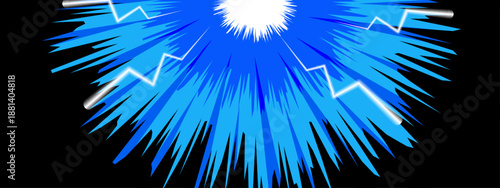 Powerful blue and white energy burst background with lightning effects and radial lines