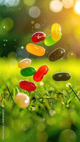 Jellybeans in air above grass bokeh