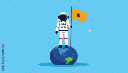 Astronaut Standing on Globe with Flag.