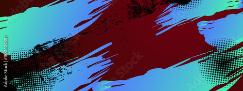 Dark maroon background with bright cyan paint splashes and halftone dot patterns