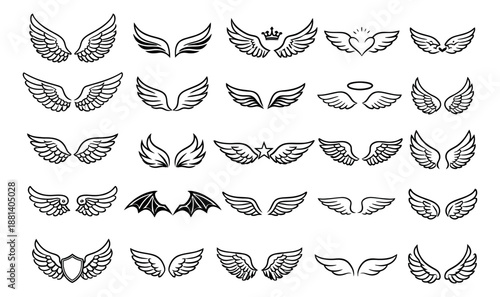 Line art wings set featuring angel, devil, and bird designs for heraldry and decoration