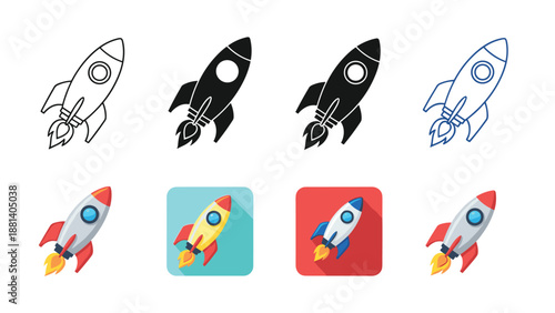 Space rocket launch icons in multiple styles including simple outlines, solid silhouettes, and colorful flat designs with shadows.