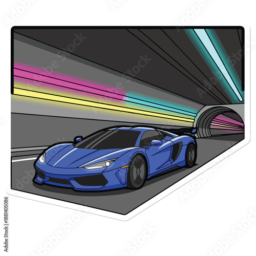A blue sports car driving through a tunnel