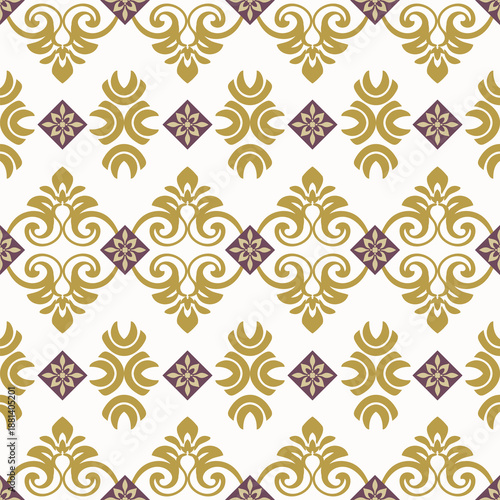 Luxury Seamless Ornamental Fabric Pattern in Ivory, Matte Gold and Plum Accent