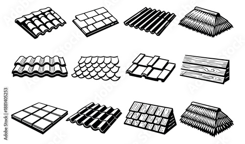 Hand drawn line art roof tiles set featuring various types of roofing materials including corrugated, terracotta, slate, and thatch for architecture and home construction