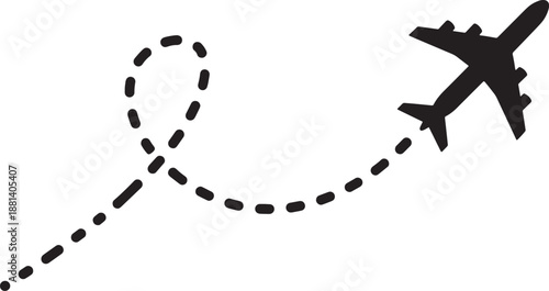 Airplane with Flight Path Icon in Solid Style Representing Travel, Journey, and Aviation Motion