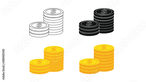 Graphic set of coin stacks with dollar symbols presented in line art silhouette and colorful flat design versions.
