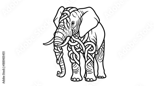 Intricate elephant illustration with twisted trunk and legs