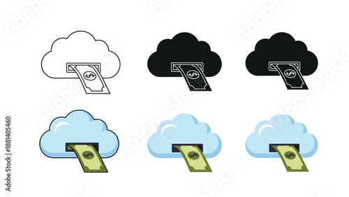 Cloud computing icons showing money being withdrawn or dispensed representing digital banking and online finance.