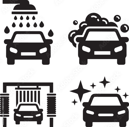Car Wash Process Icon Set in Solid Style Representing Rinse, Soap, Scrub, and Clean Vehicle Stages
