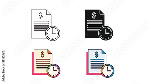 Business icons showing a financial document with a clock representing deadlines and time sensitive billing tasks.