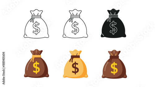 Set of money bag icons with dollar symbols in line art silhouette and colorful flat graphic design variations.