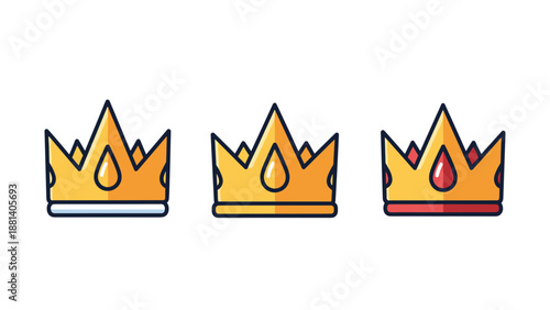 Vector illustration set of three golden crowns adorned with yellow and red teardrop shaped jewels for royalty design.