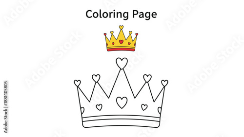 Educational coloring page for children featuring a royal crown with hearts and a small colored example for reference.