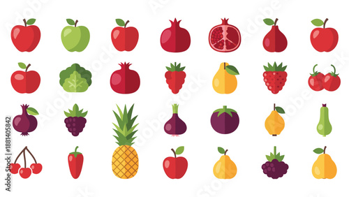 Vibrant and comprehensive collection of flat fruit icons including apples berries pineapples and pears in different colors.