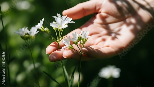 Gentle Hand Touching Delicate Wildflowers in Sunlit Meadow | Nature Connection, Mindfulness, Wellness and Serene Touch