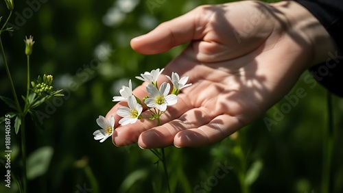 Gentle Hand Touching Delicate Wildflowers in Sunlit Meadow | Nature Connection, Mindfulness, Wellness and Serene Touch