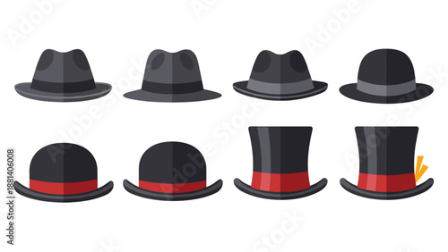 Stylish set of mens hat icons including fedoras bowlers and top hats presented in a clean flat graphic design style.
