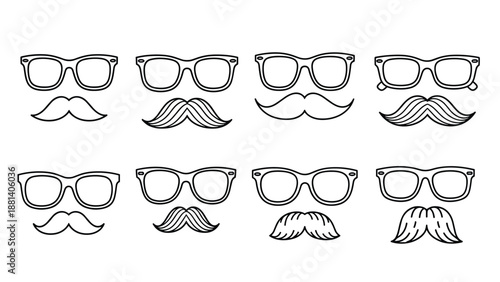 Set of eight unique glasses and mustache combinations in outline style for photo booth props or character design.