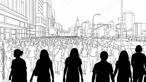 Crowd walking down city street