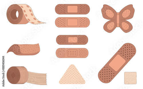 Line art medical supplies set featuring various adhesive plasters and wound care tape for first aid