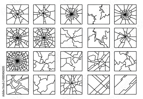 Line art broken glass set featuring various crack patterns for visual effects