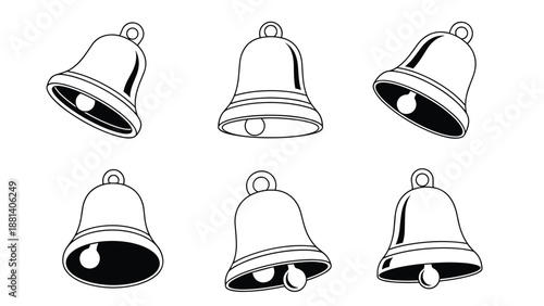 Collection of six silver and black Christmas bell icons shown in various tilted and ringing positions for animation.