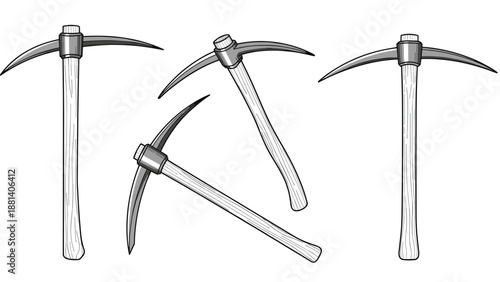 Realistic vector illustration of four metal pickaxes with wooden handles shown from different angles and perspectives.