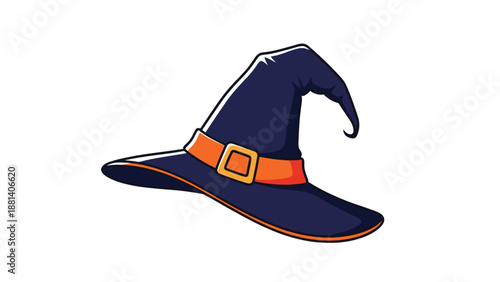 Dark blue pointed witch hat featuring an orange band and a gold buckle for unique spooky Halloween costume concepts.