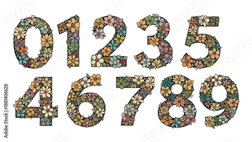 Artistic set of numbers zero to nine beautifully crafted from a wide variety of colorful flowers and green leaves.
