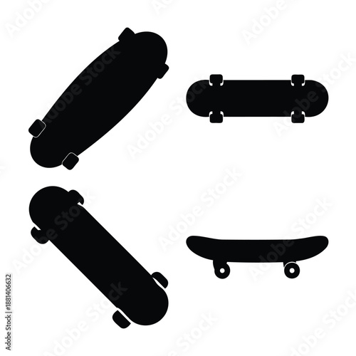 Various skateboard silhouettes in multiple perspectives for action sports and urban culture