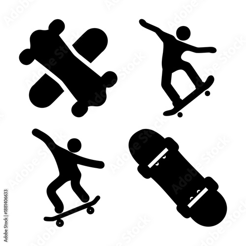 A collection of dynamic black silhouette icons depicting various skateboarding elements and poses