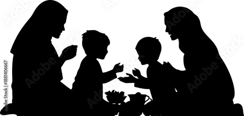 Silhouette of a Muslim Family Having Suhoor or Iftar Meal Together