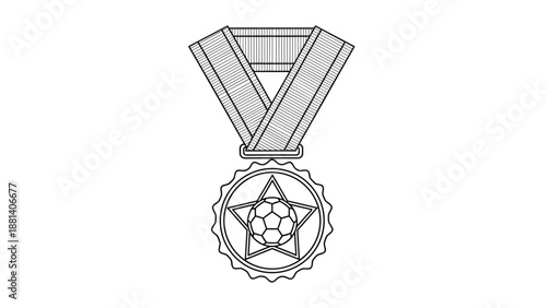 Detailed black outline illustration of a sports medal featuring a soccer ball and star for achievement recognition.