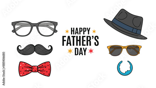 Festive Happy Fathers Day illustration featuring iconic gentleman accessories like a fedora glasses and mustache.