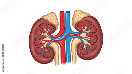 Detailed anatomical illustration of human kidneys and adrenal glands with cross-section showing internal structures.