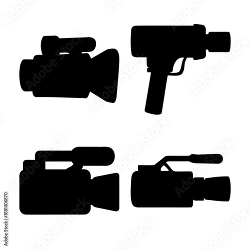 A collection of black silhouette icons featuring various video cameras and a speed radar gun