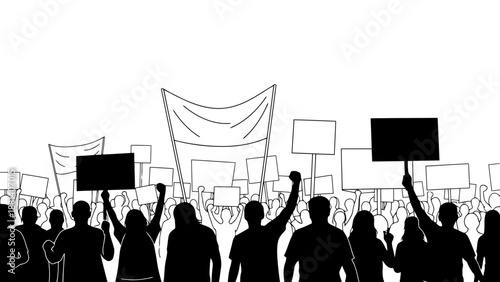 Crowd of people protesting with placards and banners