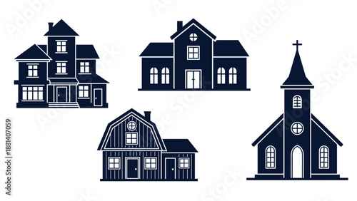Silhouettes of various building types including a victorian house a modern home a barn and a church with a steeple.