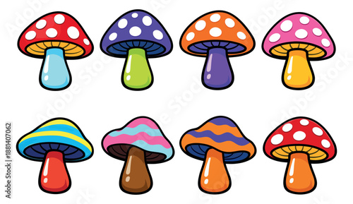 Cartoon mushroom set featuring various colorful designs for playful graphic elements