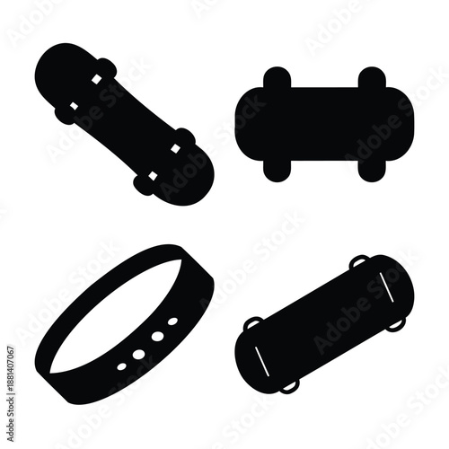 Collection of diverse black silhouettes featuring skateboards and a wristband icon