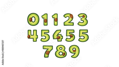 Number set from zero to nine designed as green avocado halves with brown pits for fun food themed graphic design.