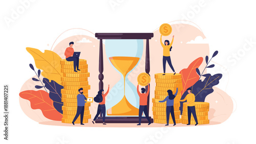 Financial planning concept showing people managing money around a large hourglass representing time and wealth.