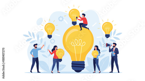 Creative brainstorming concept with a team collaborating around a giant lightbulb symbolizing innovation and ideas.