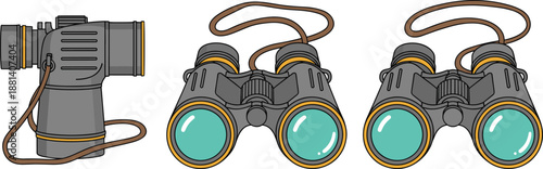 Vintage binoculars and monocular optics set with straps, outdoor observation and wildlife watching equipment illustration