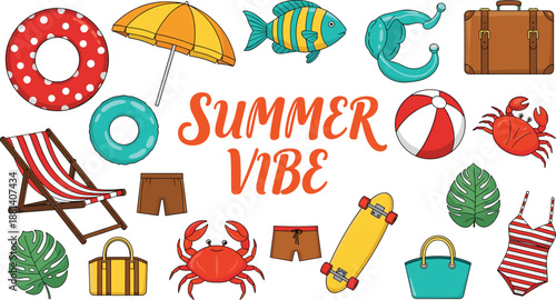 Summer vacation beach elements vector set with swimwear tropical icons travel accessories and summer vibe lettering
