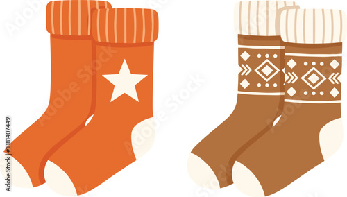 Warm winter socks vector set with cozy knitted patterns seasonal clothing accessories isolated illustration